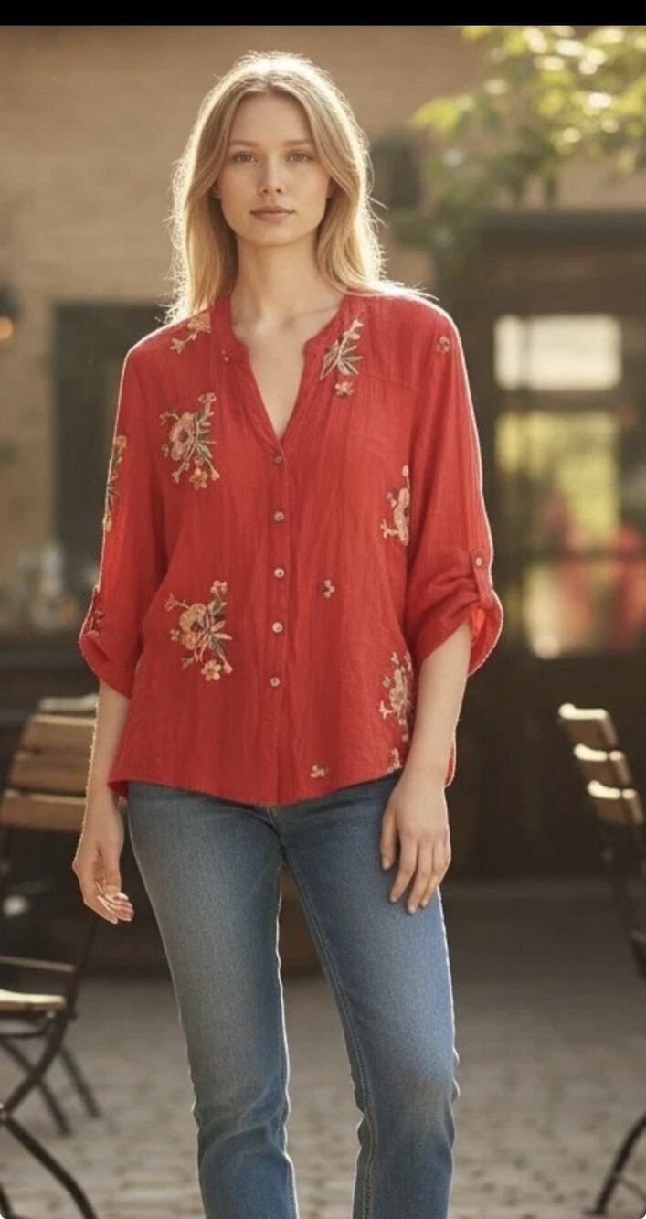 Fig and Flower 2X Floral Embroidered Burnt Orange Roll Tab Blouse Top Boho